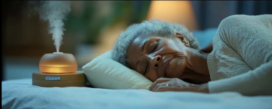 Aromatherapy diffuser beside a resting patient at home