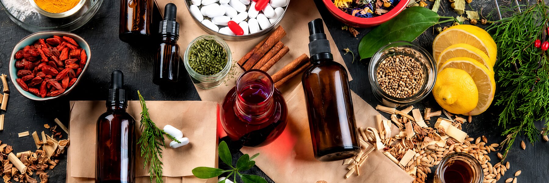 Botanical remedies, dried herbs and a balance scale in an apothecary setting