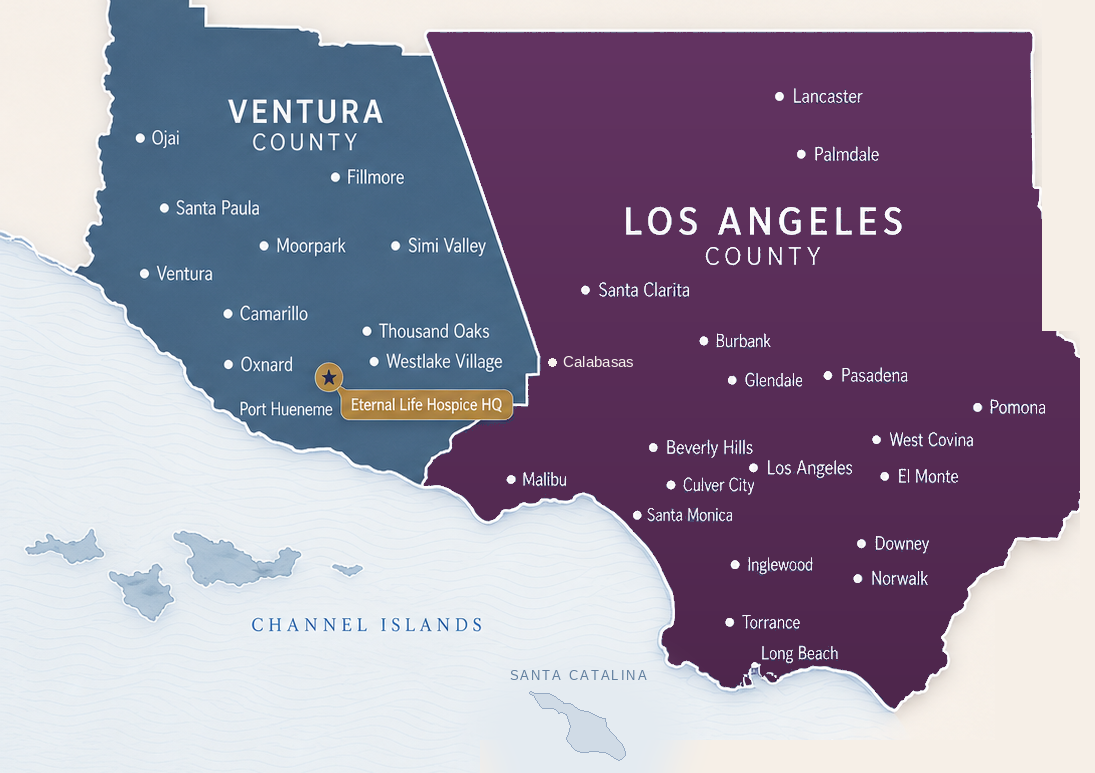 Map of Ventura County and Los Angeles County showing the communities Eternal Life Hospice serves