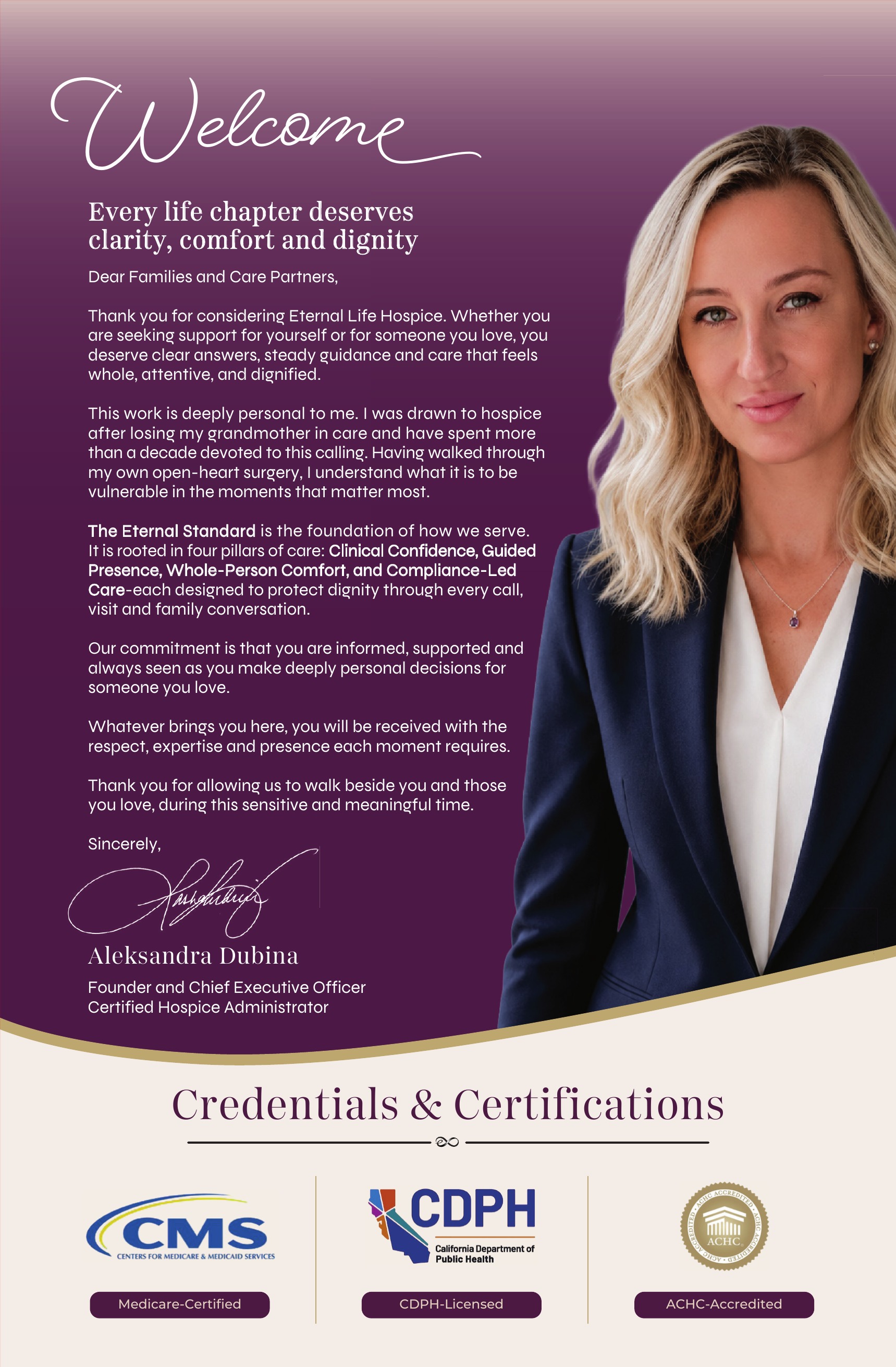 A welcome letter from founder Aleksandra Dubina, with Medicare, CDPH and ACHC credentials
