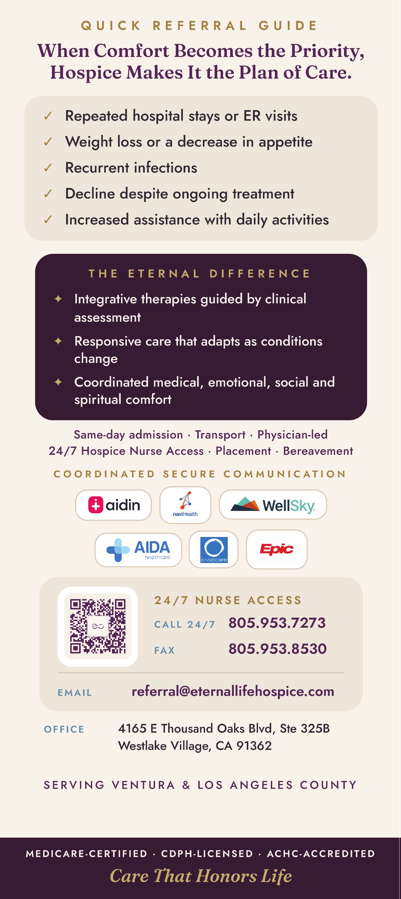 Eternal Life Hospice referral card back: Quick referral guide, signs it may be time, the Eternal Difference, services, credentials, contact information.